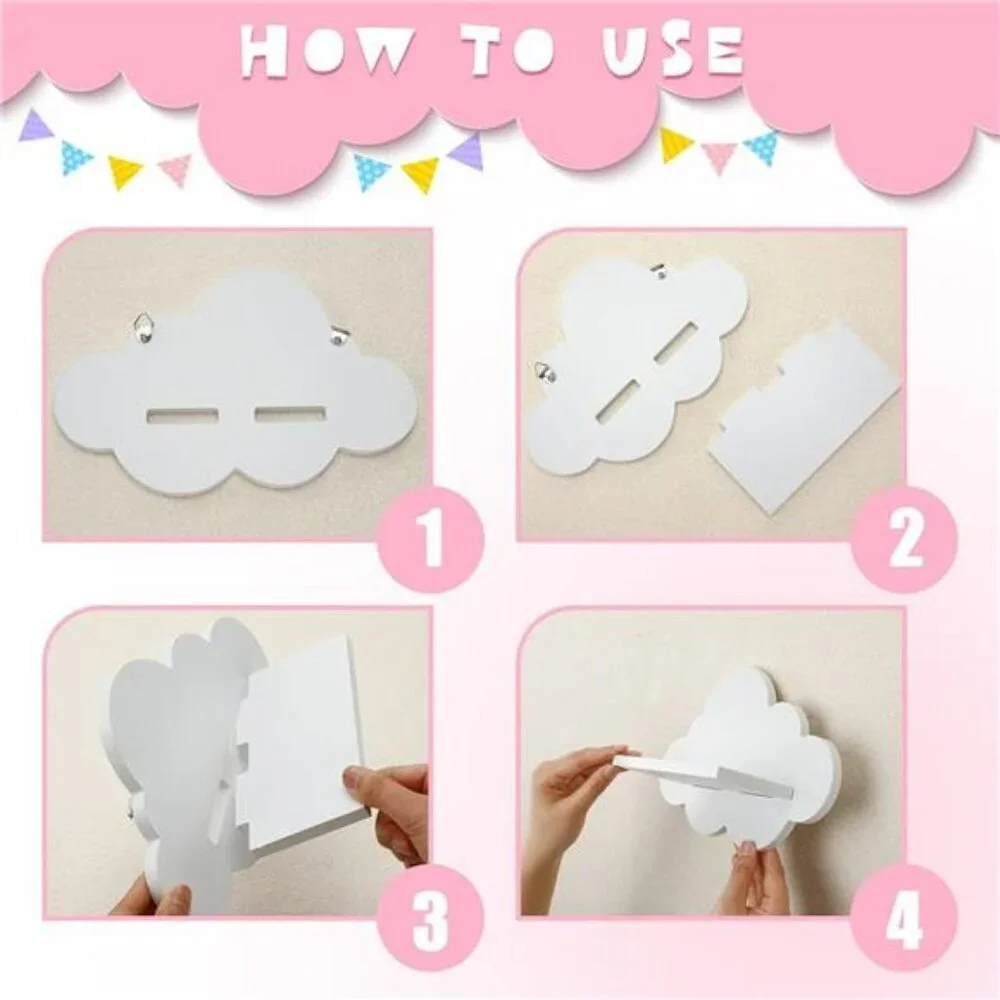 Set of 3 White Cloud Floating Shelves Wall Mounted Nursery Bedroom Bathroom Deco